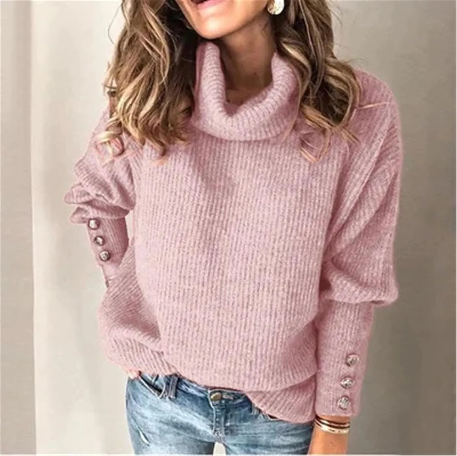 Women's Turtleneck Oversized Pullover Long-Sleeved Shawl Winter Casual Loose Buttoned Knitted Sweater Tops