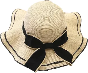 Women's Wide Brim Straw Sun Visor Hat Roll Up Straw Sun Hat with Bow Tie for Women