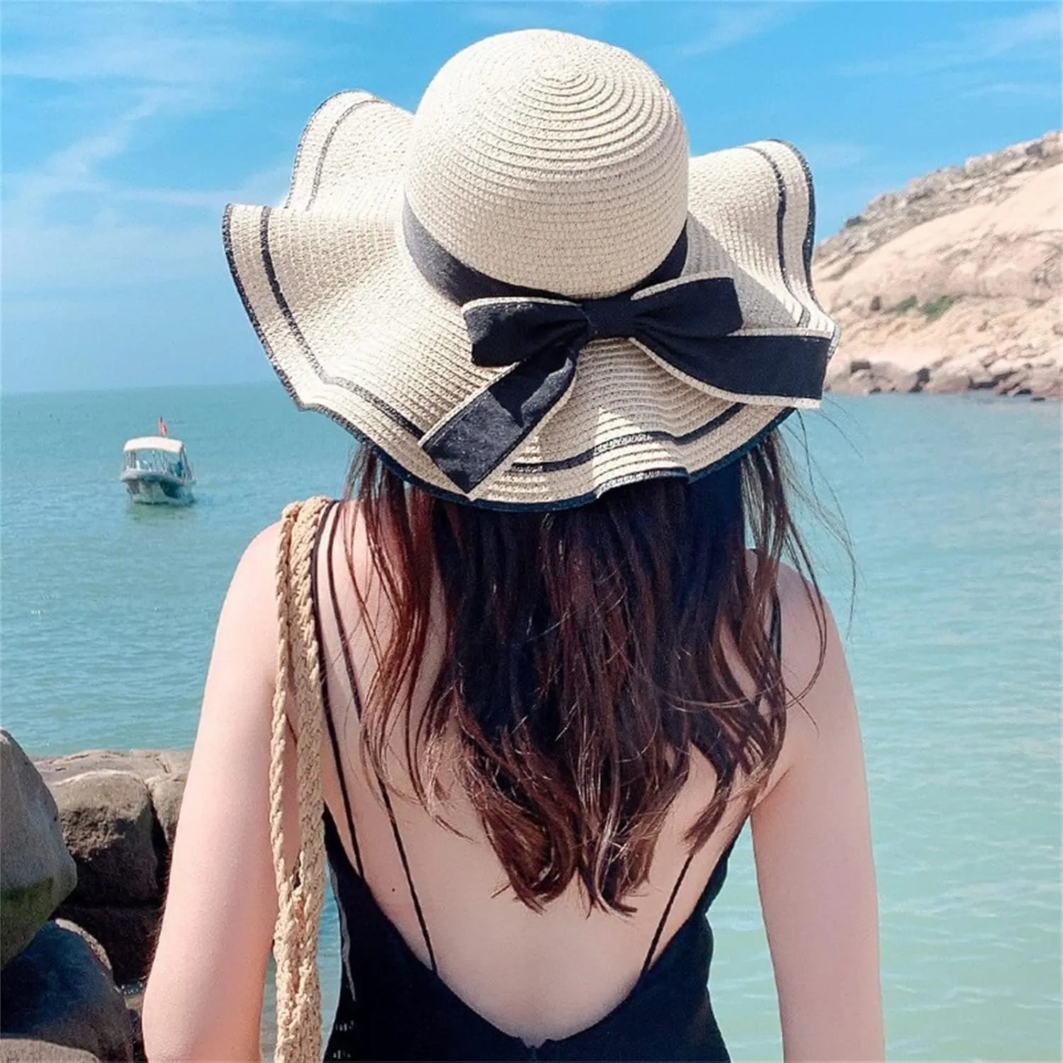Women's Wide Brim Straw Sun Visor Hat Roll Up Straw Sun Hat with Bow Tie for Women