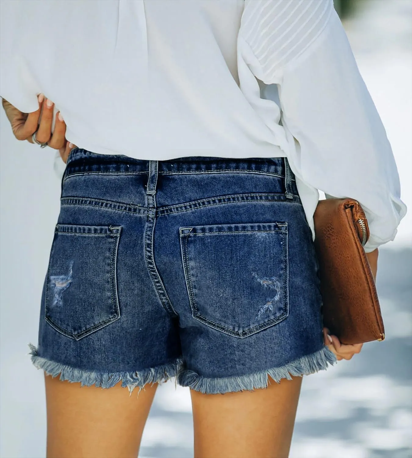 ZOLUCKY Women's Casual Summer Denim Shorts Mid Waisted Stretchy Ripped Jean Shorts with Pockets