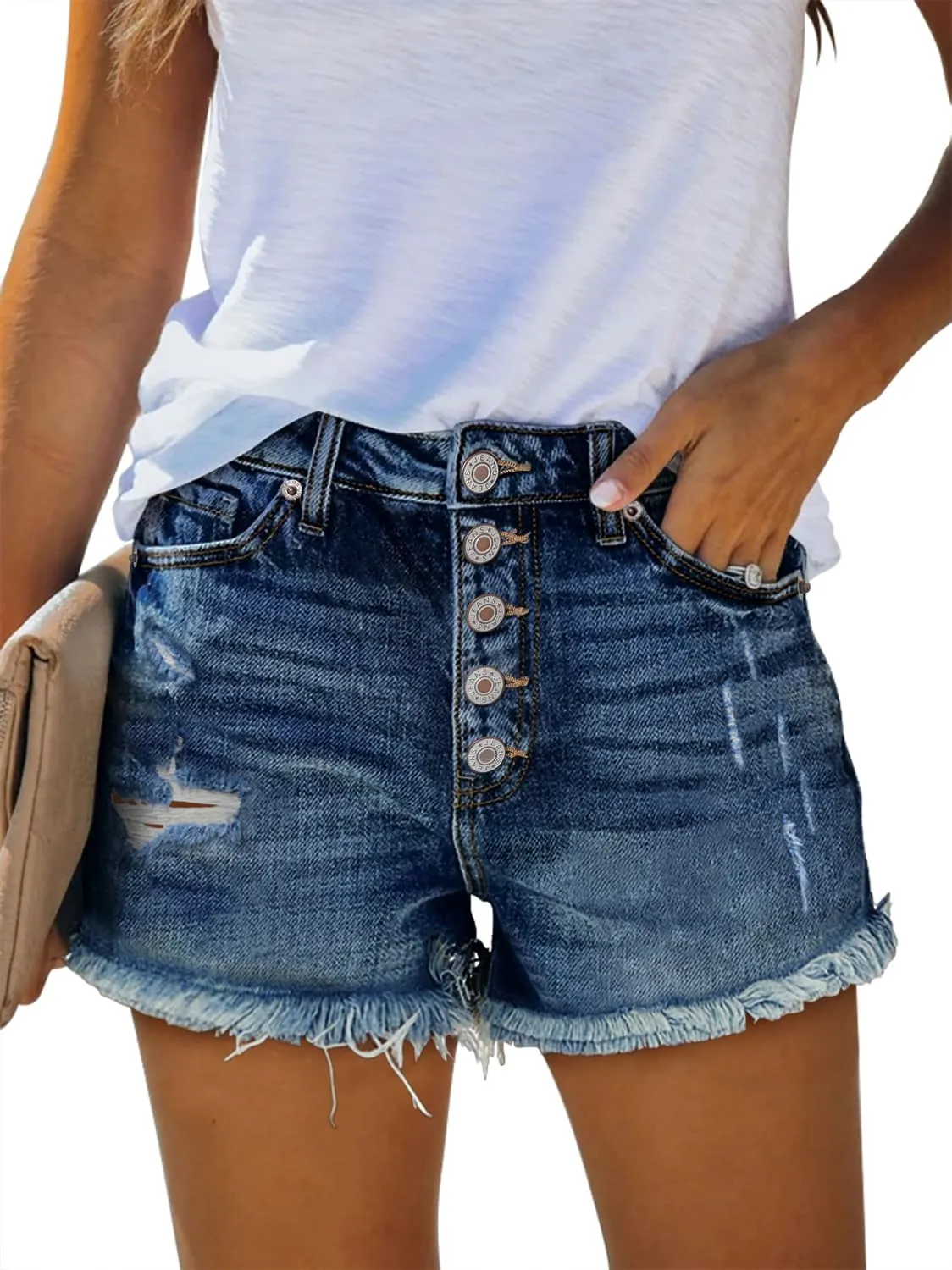 ZOLUCKY Women's Casual Summer Denim Shorts Mid Waisted Stretchy Ripped Jean Shorts with Pockets